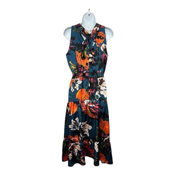 Sam Edelman Satin Midi Dress Elegant Floral Halter Neck Sleeveless Tiered Design - Picture 4 of 15